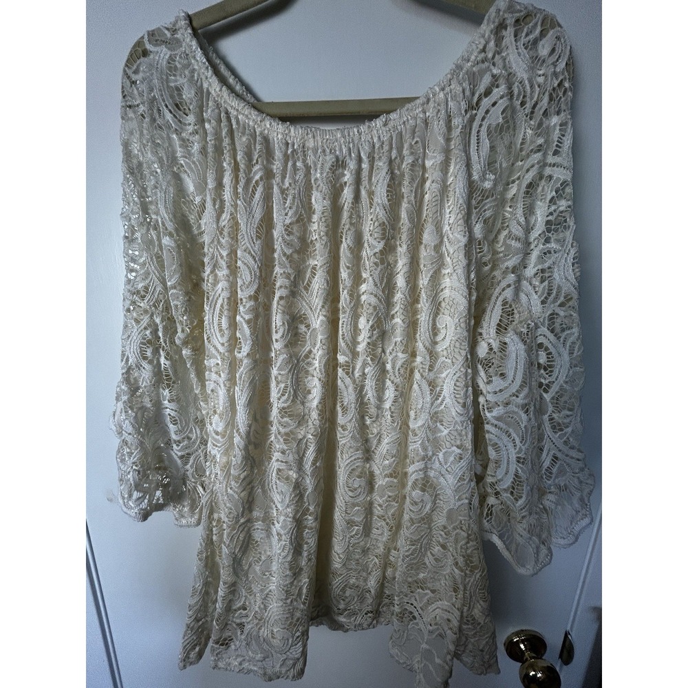 Win Win Womens Ivory Full Lace Lined Tunic Blouse L-XL